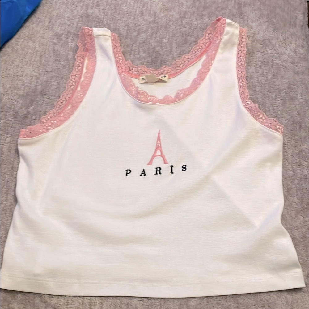 White Tank Top with Pink Lace Trim